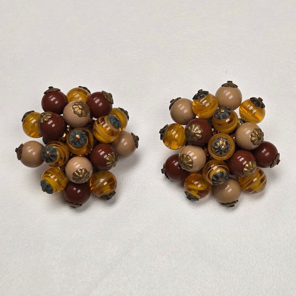 Vintage 1950s Brown Bead Cluster Clip On Earrings Mid Century West Germany Style